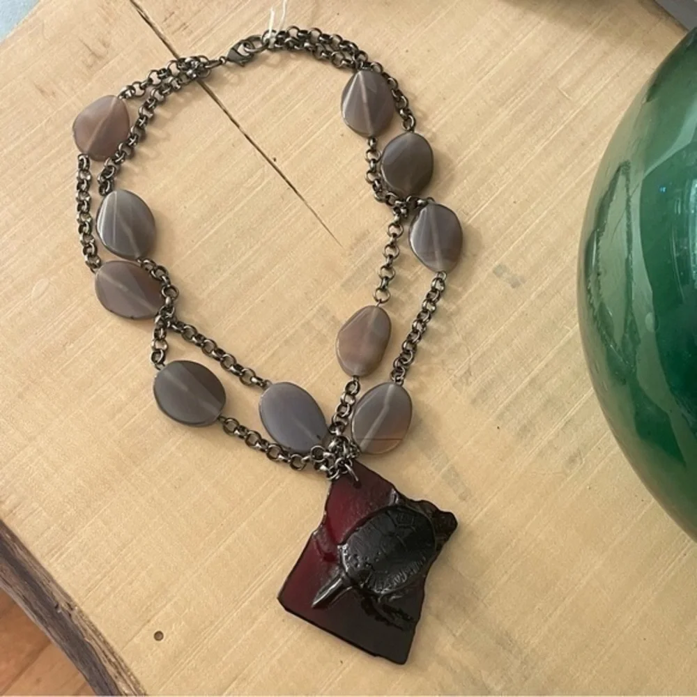 Handmade Maroon Glass Turtle Agate Statement Necklace Handmade Ocean Metal Gift